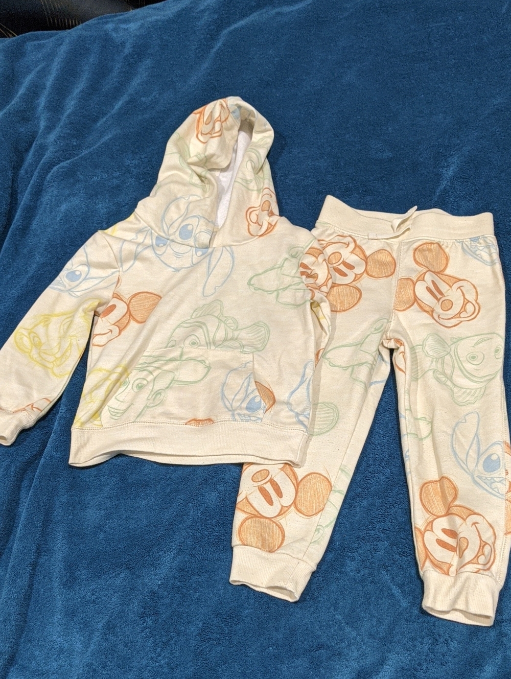 Disney Cream Hoodie & Joggers Set with Multicolor Character Sketches